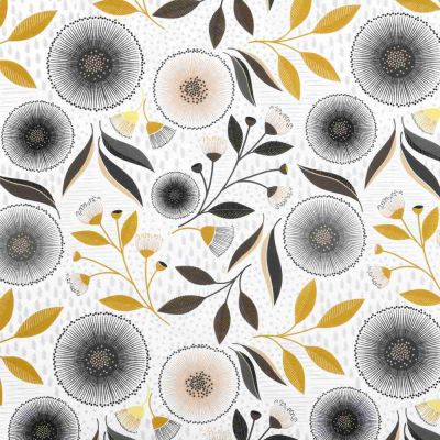 Tissu Toile Cretonne  floral Ocra sur fond Blanc cassé - Par 10 cm