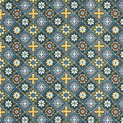 Tissu Toile Cretonne  Marrakech sur fond Bleu canard - Par 10 cm