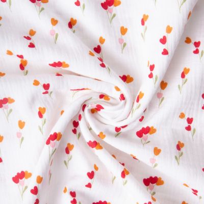 Tissu Double gaze de Coton Hope bouquets tulipes sur fond Blanc - Par 10 cm