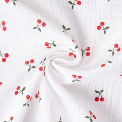 Tissu Double gaze de Coton Ruby petites cerises sur fond Blanc - Par 10 cm