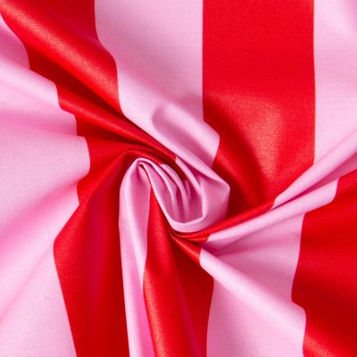 Tissu Coton enduit rayé Rouge sur fond Rose - Par 10 cm