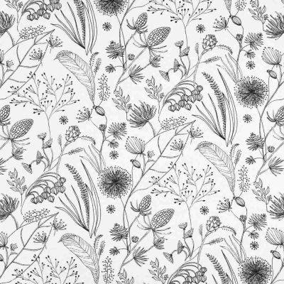 Tissu Toile Savoie enduit fleurs noires Herbia sur fond Blanc - Par 10 cm