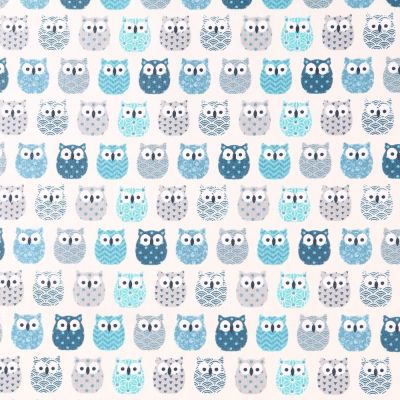 Tissu Coton Enduit Hiboux Bleus sur fond Ecru - Par 10 cm