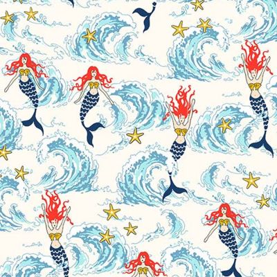 Tissu Coton imprimé Sirènes océan sur fond Blanc - Par 10 cm
