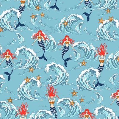 Tissu Coton imprimé Sirènes océan sur fond Bleu ciel - Par 10 cm