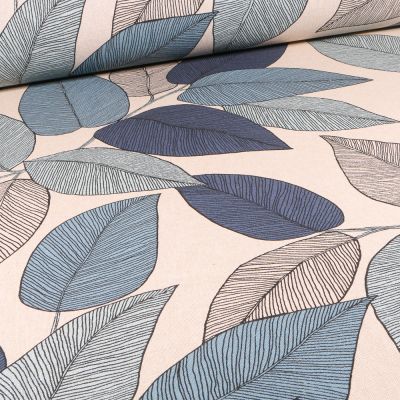 Tissu Toile de Coton Camilia bleu sur fond Ecru - Par 10 cm