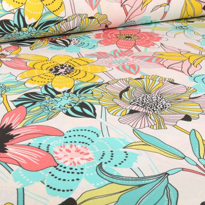 Tissu Coton imprimé grande largeur Belle de nuit corail sur fond Ecru - Par 10 cm
