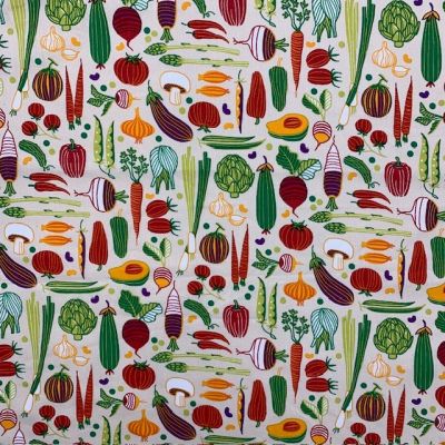 Tissu Coton enduit Potager sur fond Blanc - Par 10 cm