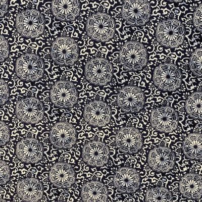 Tissu Coton enduit Paranga fleuris sur fond Bleu denim - Par 10 cm