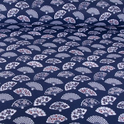 Tissu Coton imprimé Eventails Pekin sur fond Bleu marine - Par 10 cm