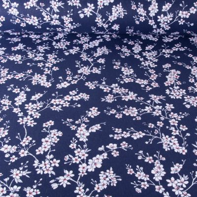 Tissu Coton imprimé Fleur d&#039;amandier sur fond Bleu marine - Par 10 cm