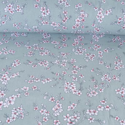 Tissu Coton imprimé Fleur d&#039;amandier sur fond Bleu gris - Par 10 cm