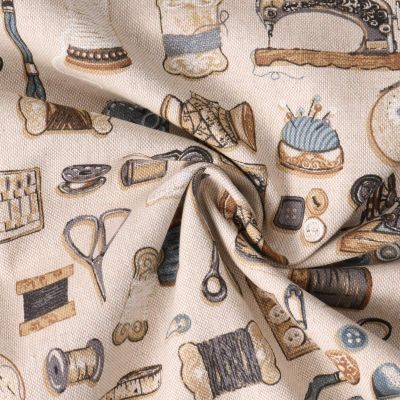 Tissu Toile de Coton  Atelier Couture Gris sur fond Beige - Par 10 cm
