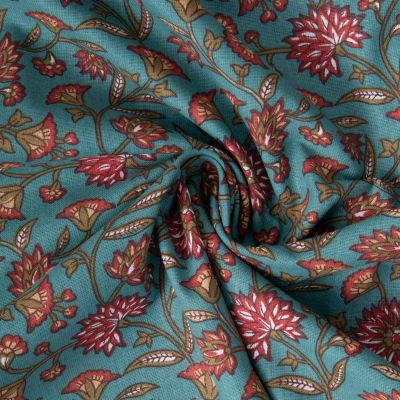Tissu Coton imprimé Arty Santal fleuris sur fond Bleu canard - Par 10 cm