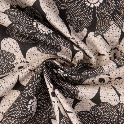 Tissu Toile Polycoton Luna grandes fleurs Noir sur fond Naturel - Par 10 cm