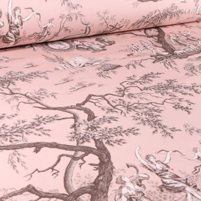 Tissu Toile de Coton grande largeur Camée sur fond Rose - Par 10 cm
