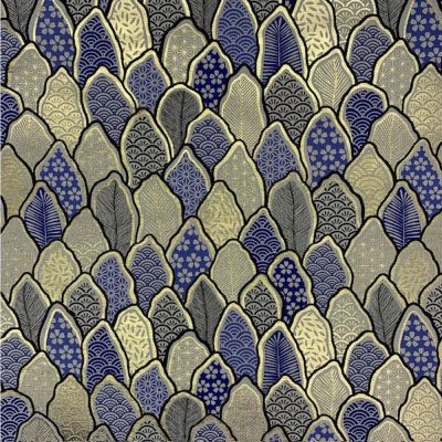 Tissu Jacquard Matcha doré sur fond Bleu - Par 10 cm