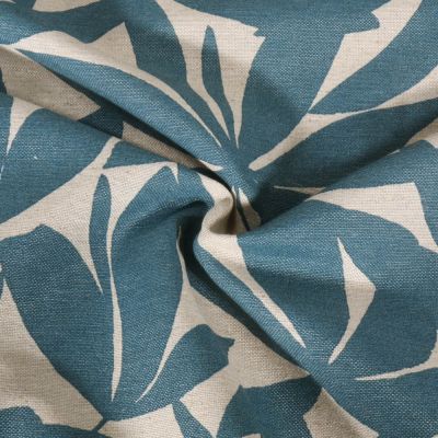 Tissu Toile de Coton Lin Feuillage Alba Bleu pétrole sur fond Naturel - Par 10 cm
