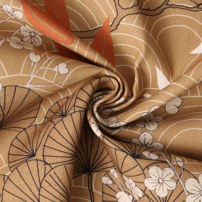 Tissu Toile Canvas Sayaka grues japonaises Blanches sur fond Camel - Par 10 cm