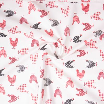 Coupon Tissu Coton Enduit Mini Poulettes rouges sur fond Naturel - Coupon de 3 mètres