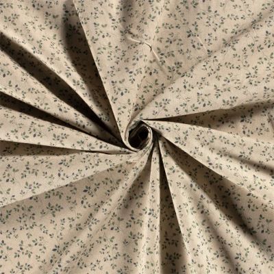 Tissu Toile de Coton Petites feuilles vertes sur fond Naturel - Par 10 cm