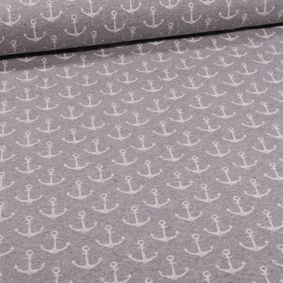 Tissu Jersey Coton envers gratté Ancres marines sur fond Gris clair chiné - Par 10 cm