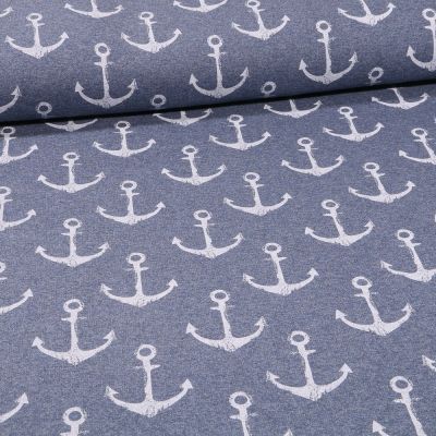 Tissu Jersey coton envers gratté Ancres blanches sur fond Bleu chiné - Par 10 cm