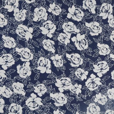 Tissu Chambray Fleurs blanches - Par 10 cm