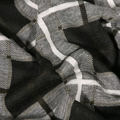 Tissu Maille Jersey  Carreaux et carré sur fond Gris - Par 10 cm