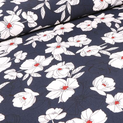Tissu Crêpe stretch Flora sur fond Bleu marine - Par 10 cm