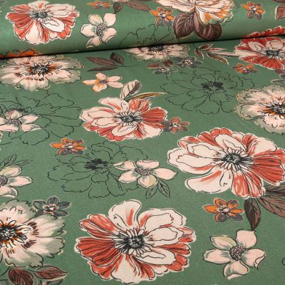 Tissu Viscose Twill Flo esquisse sur fond Vert - Par 10 cm