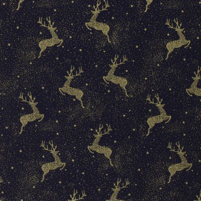 Tissu Coton imprimé Noël Rênes dorées sur fond Bleu marine - Par 10 cm