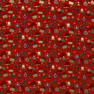 Tissu Coton imprimé Déco de Noël sur fond Rouge - Par 10 cm