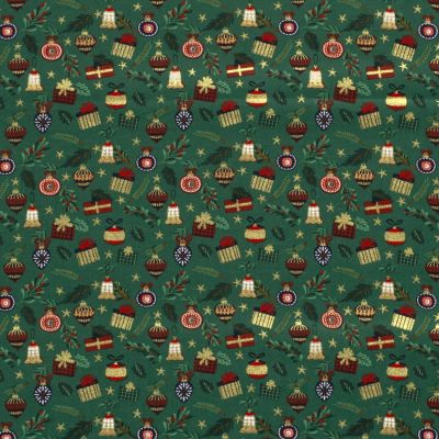 Tissu Coton imprimé Déco de Noël sur fond Vert sapin - Par 10 cm