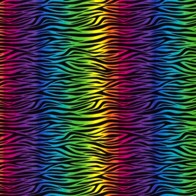 Tissu Jersey Polyester Zébré noir sur fond Multicolore - Par 10 cm