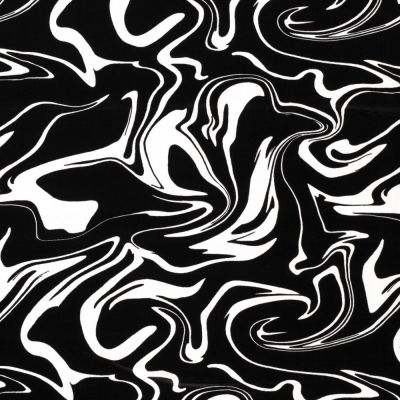 Tissu Viscose satiné motifs abstraits blancs sur fond Noir - Par 10 cm