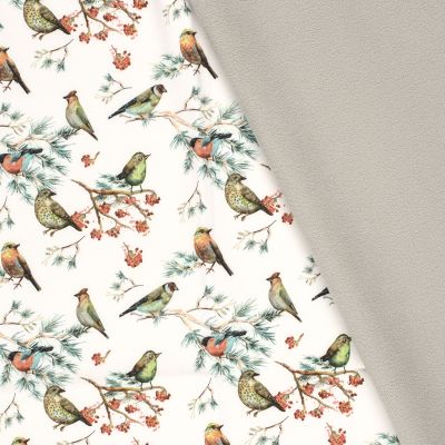 Tissu Softshell Digital Oiseaux Olgo sur fond Ecru - Par 10 cm