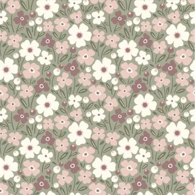 Tissu Popeline de Coton Petites fleurs sur fond Vert amande - Par 10 cm