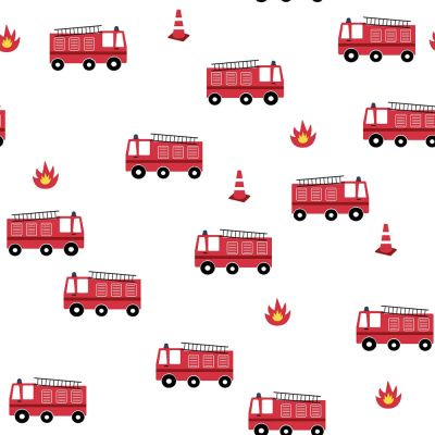 Tissu Popeline de Coton Camions de pompiers sur fond Blanc - Par 10 cm