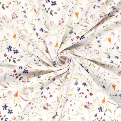 Tissu Sweat léger French Terry digital Fleuris sur fond Ecru - Par 10 cm