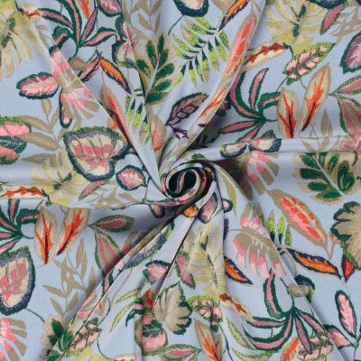 Tissu Satiné bubble Feuilles vertes sur fond Bleu ciel - Par 10 cm