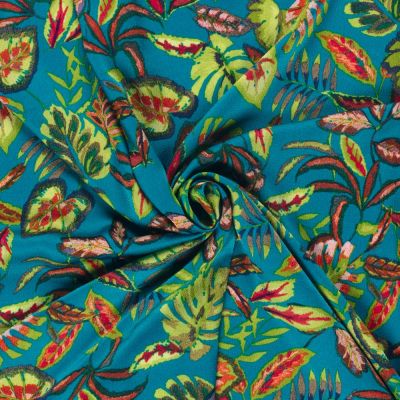 Tissu Satiné bubble Feuilles vertes sur fond Bleu canard - Par 10 cm