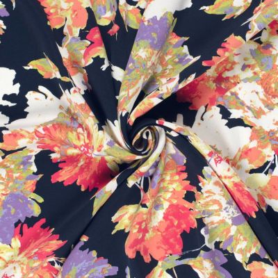 Tissu Viscose satiné Motif floral sur fond Bleu marine - Par 10 cm