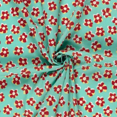 Tissu Coton extensible Fleuréa rouge sur fond Vert menthe - Par 10 cm