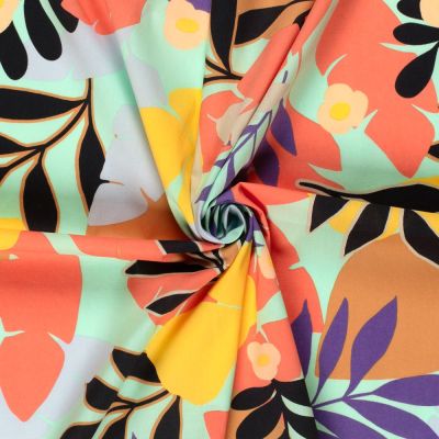 Tissu Coton stretch imprimé Feuilles noire, corail et violet sur fond Vert menthe - Par 10 cm