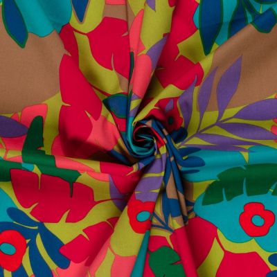 Tissu Coton stretch imprimé Feuilles rouges, verts et rouges sur fond Vert anis - Par 10 cm