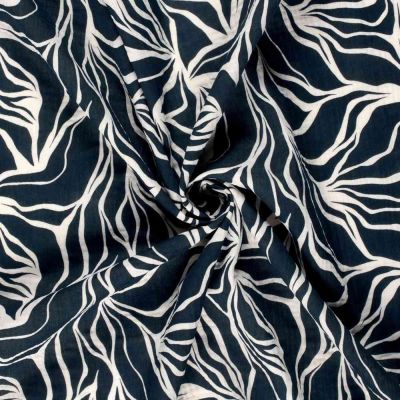Tissu Double gaze de Coton Grandes feuilles blanches sur fond Bleu marine - Par 10 cm