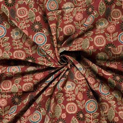 Tissu voile de coton Batik Capri  Fleuris sur fond Brique - Par 10 cm