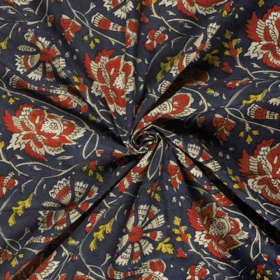 Tissu Voile de coton Batik Jaipur Fleuris sur fond Bleu indigo - Par 10 cm