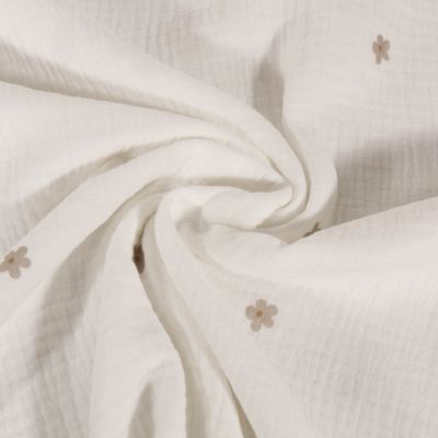 Tissu Double gaze de Coton Petites fleurs beiges sur fond Blanc - Par 10 cm